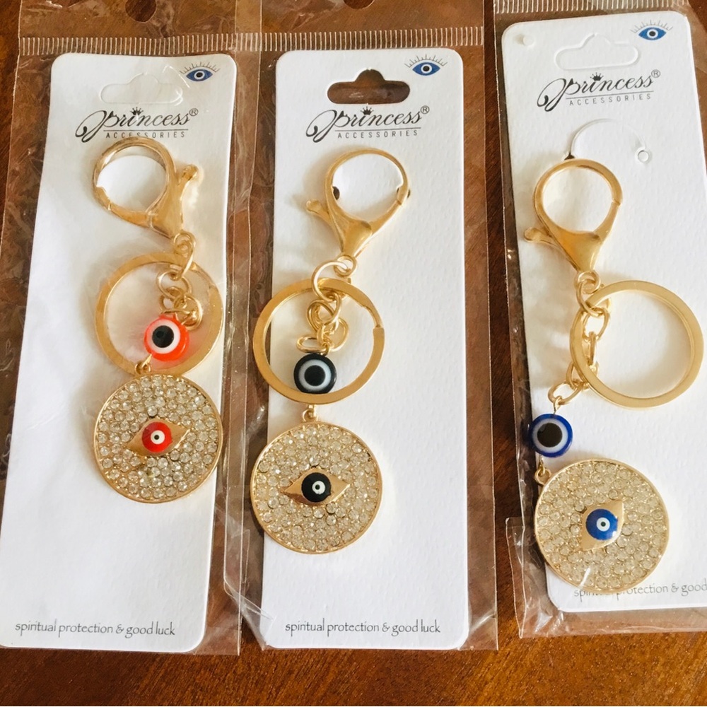 Princess Accessories Gold Evil Eye Keychain - Blue/Black/Red Accents
